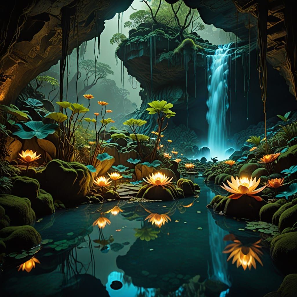 Surreal Tropical Oasis with Burning Waters and Lotus Formati...