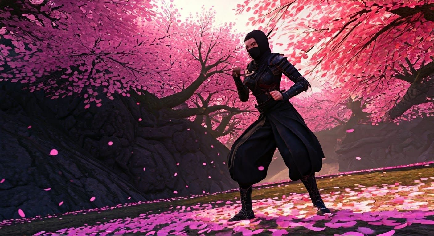 Ninja in Cherry Blossoms: Fantastical Concept Art