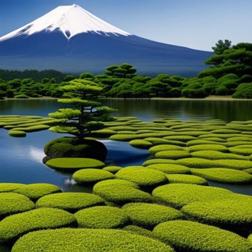 Japanese Garden with Bonsai and Mount Fuji