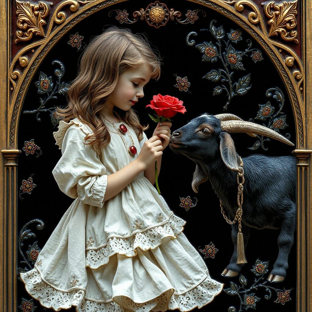 Whimsical Embossed Painting of a Girl Feeding a Goat a Rose