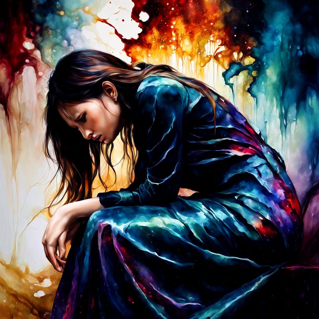 Woman in Pain with Alcohol Ink and Oil Paint Style