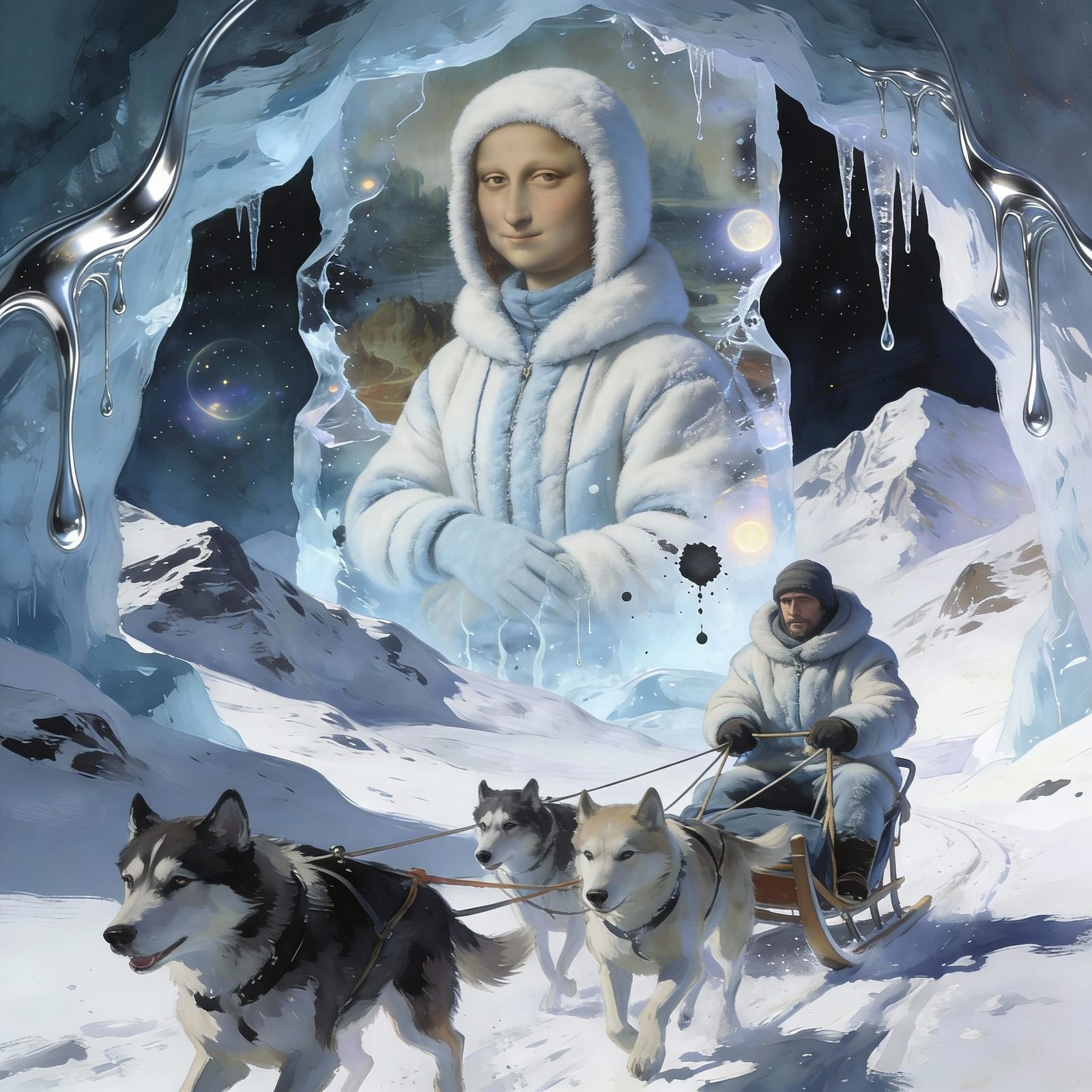 Surreal Double Exposure: Man on Dog Sled in Icy Landscape