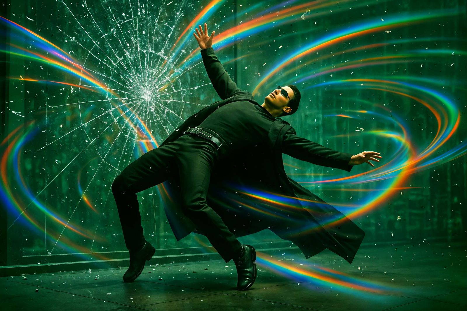 Neo in Matrix Bullet Time with Shattered Glass