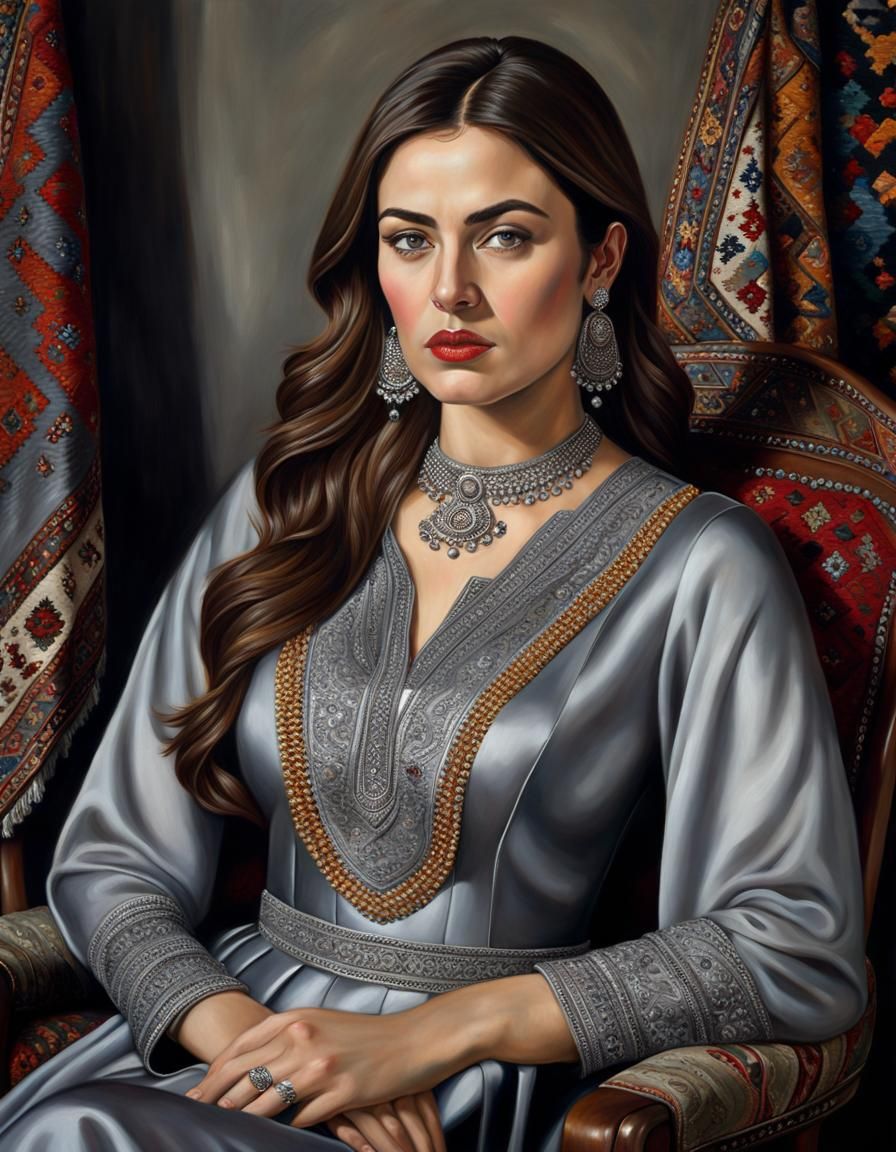 Realistic Oil Painting of a Woman in Puzzle Dress