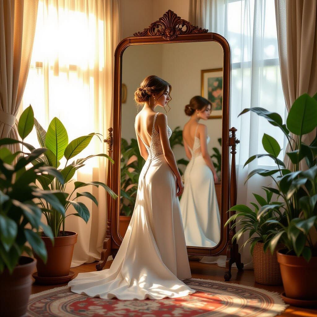 Contemplative Reflection: Woman and Vintage Mirror