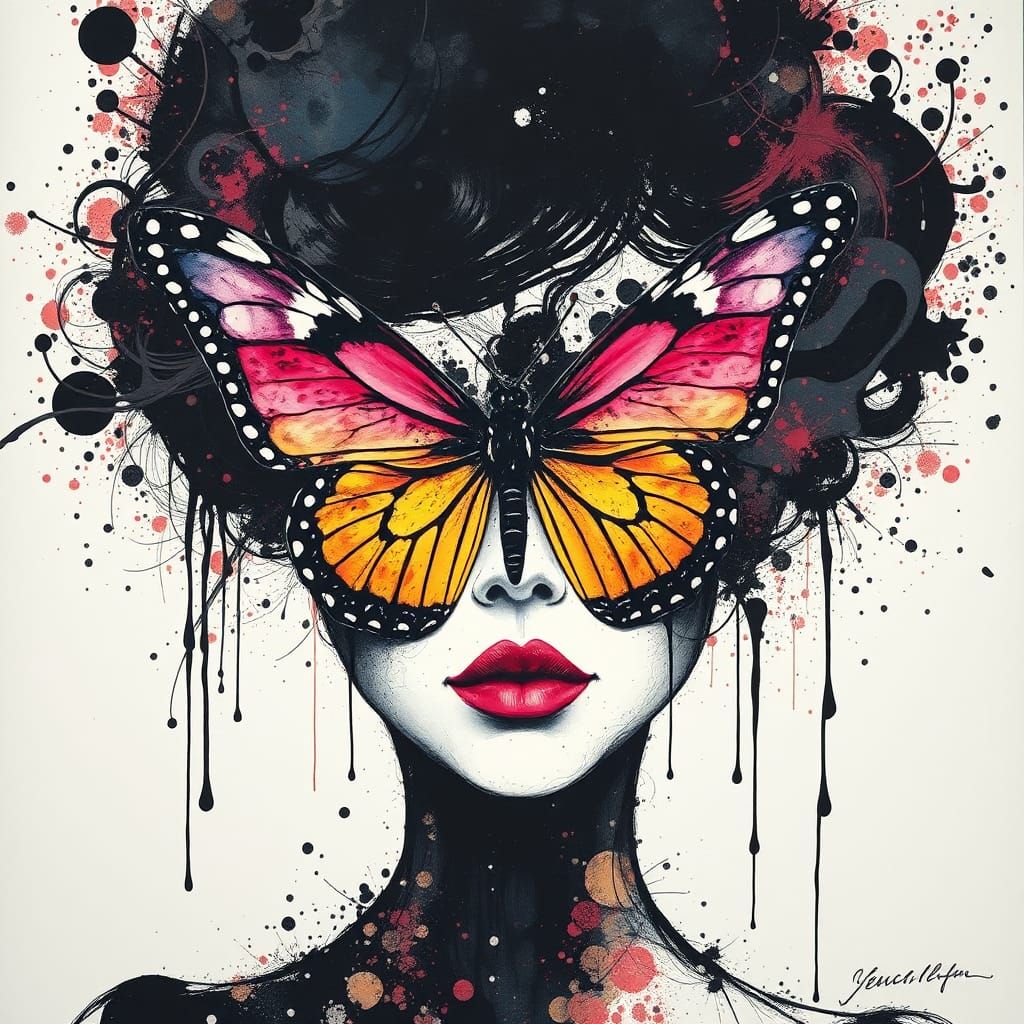 Psychedelic Ink Splatter Portrait with Butterfly