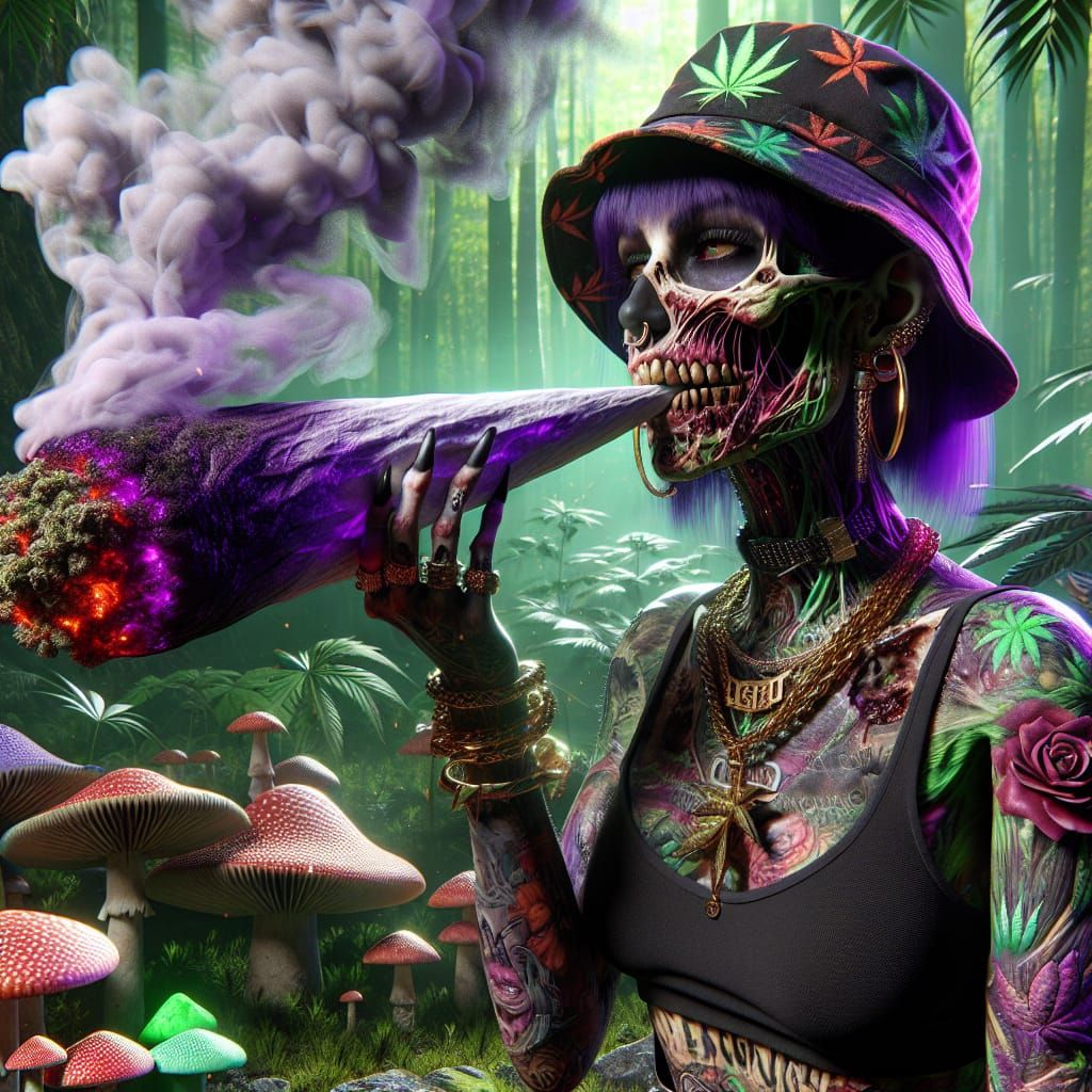 Zombie Woman Smoking Joint in Mushroom Forest: 3D Art