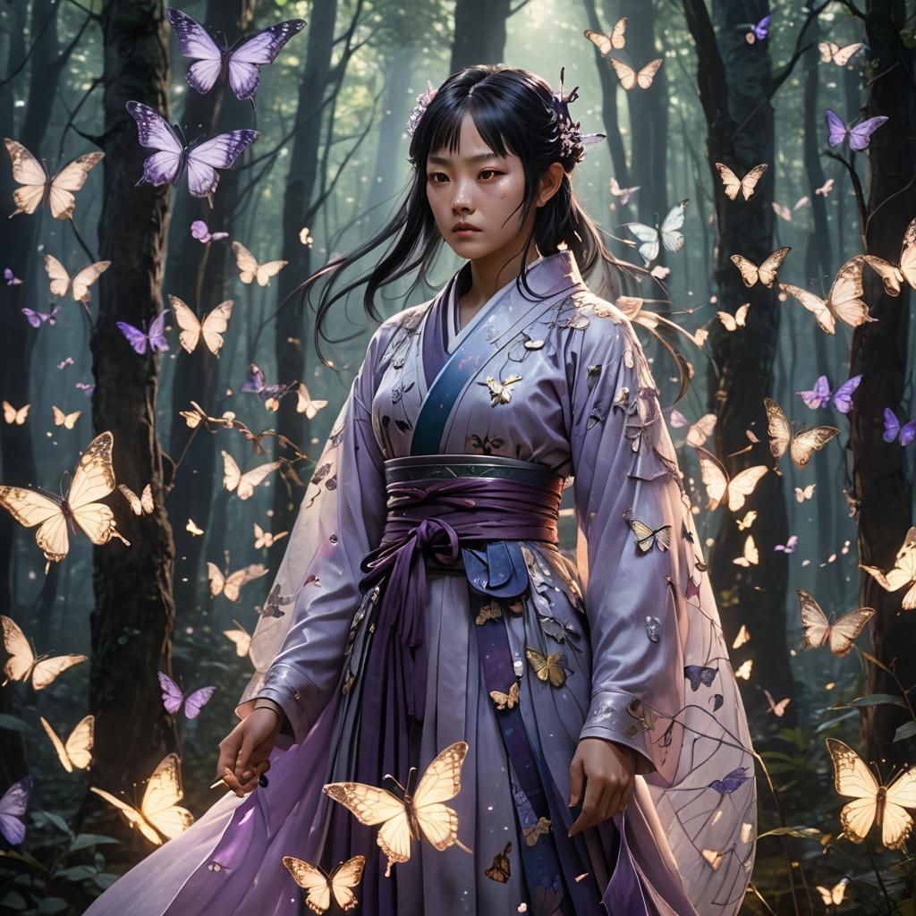 Shinobu Kocho in Dim Forest with Butterflies