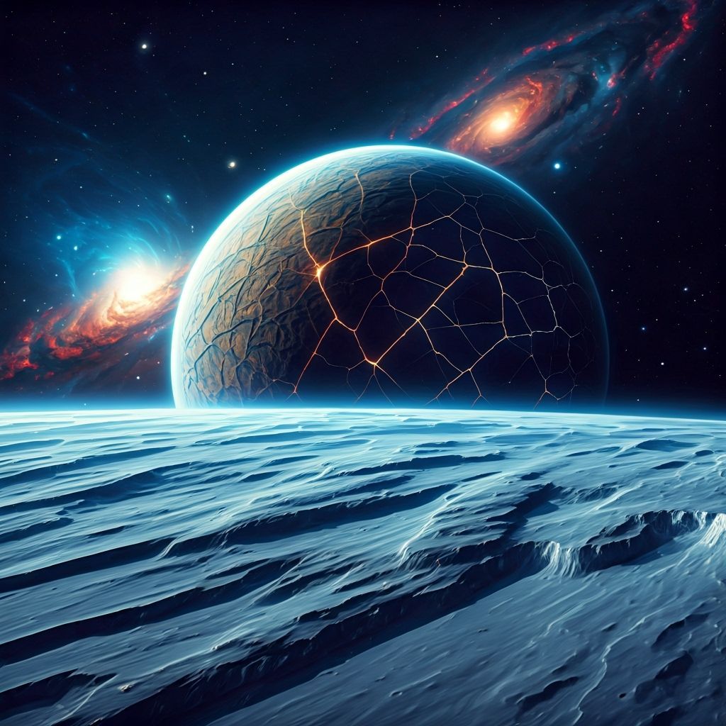 Europa's Glowing Ice Fields Under Cosmic Skies