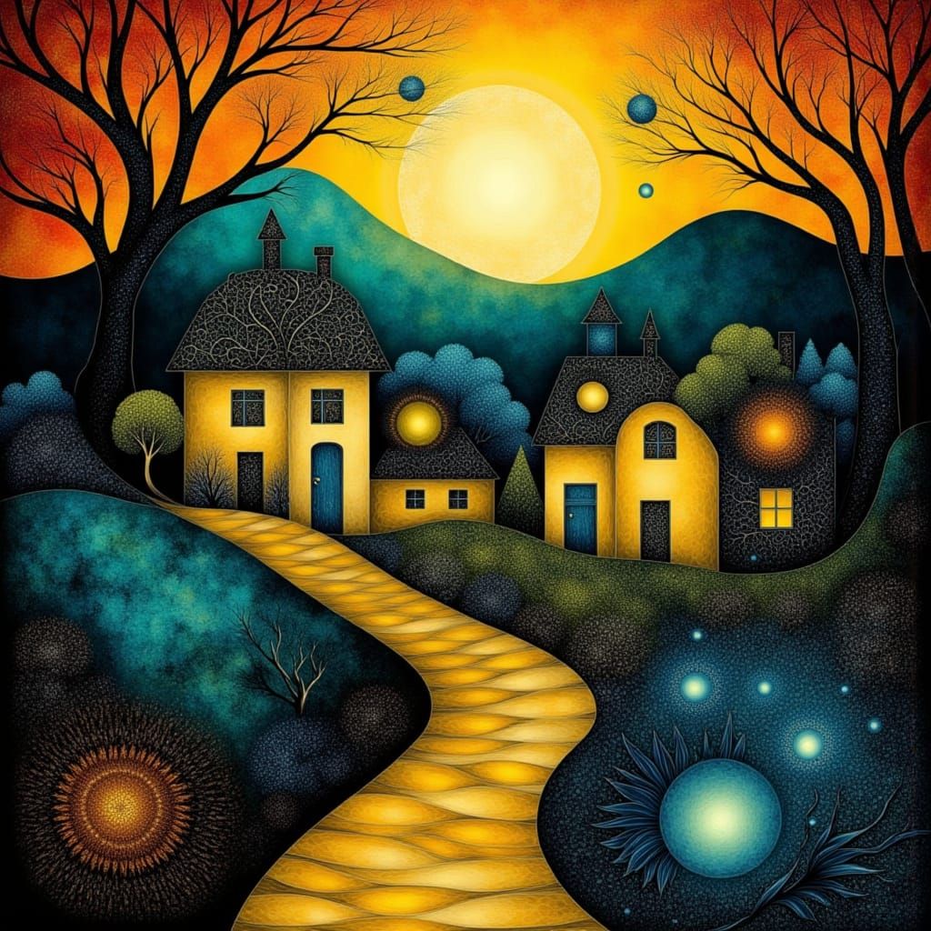 Whimsical Village Scene in Warm, Golden Light