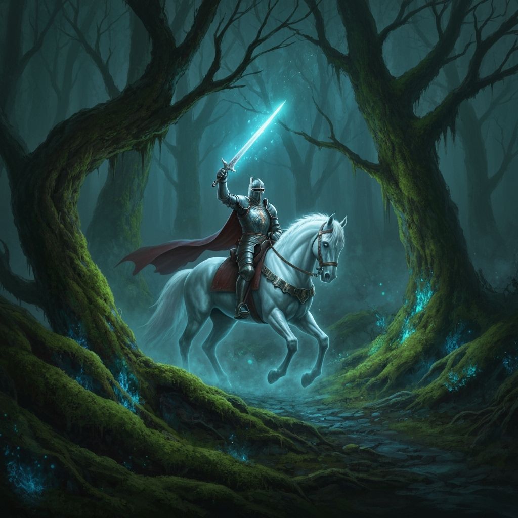 Knight on Spectral Horse with Glowing Sword in Misty Forest