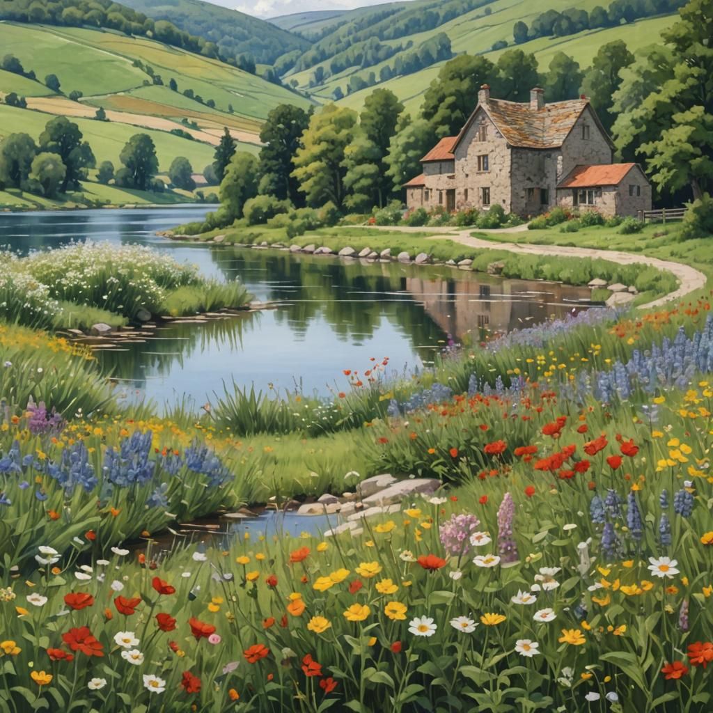 Stone Farmhouse by Lake with Wildflower Fields