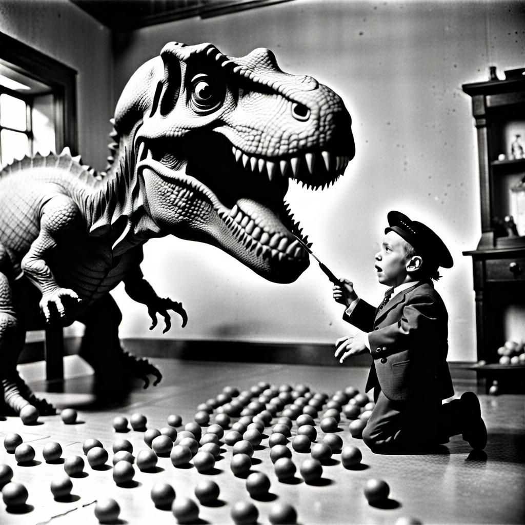 A dwarf hits a dinosaur with an awl, in a room full of gum d...