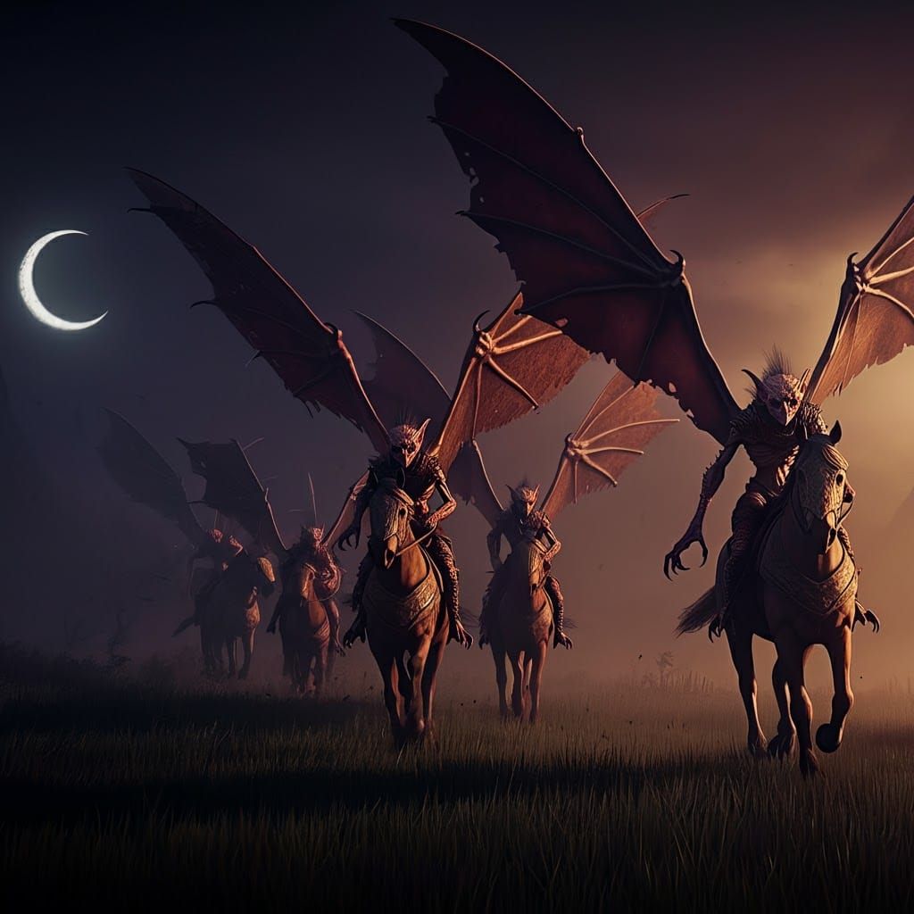 Winged Creatures Galloping Across Moonlit Plains