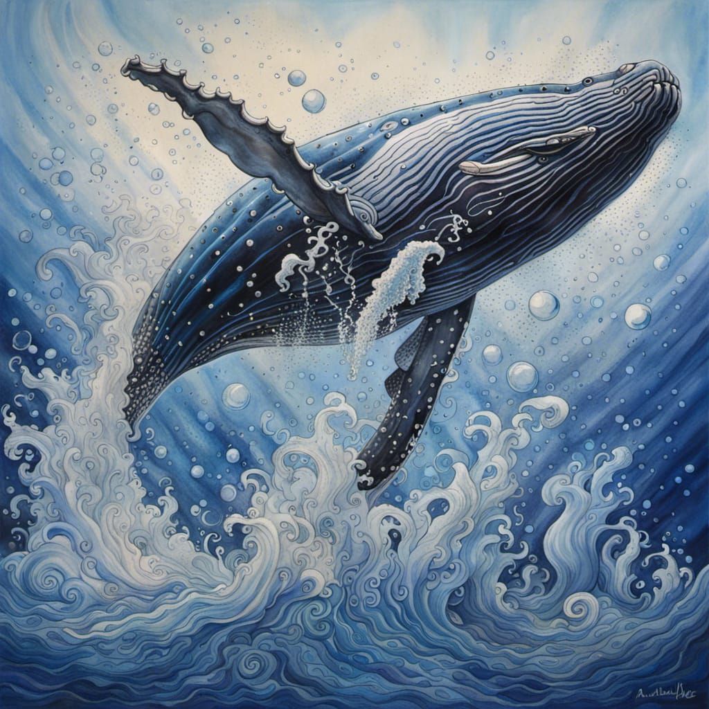 Humpback Whale Leaps in Vivid Gouache Style