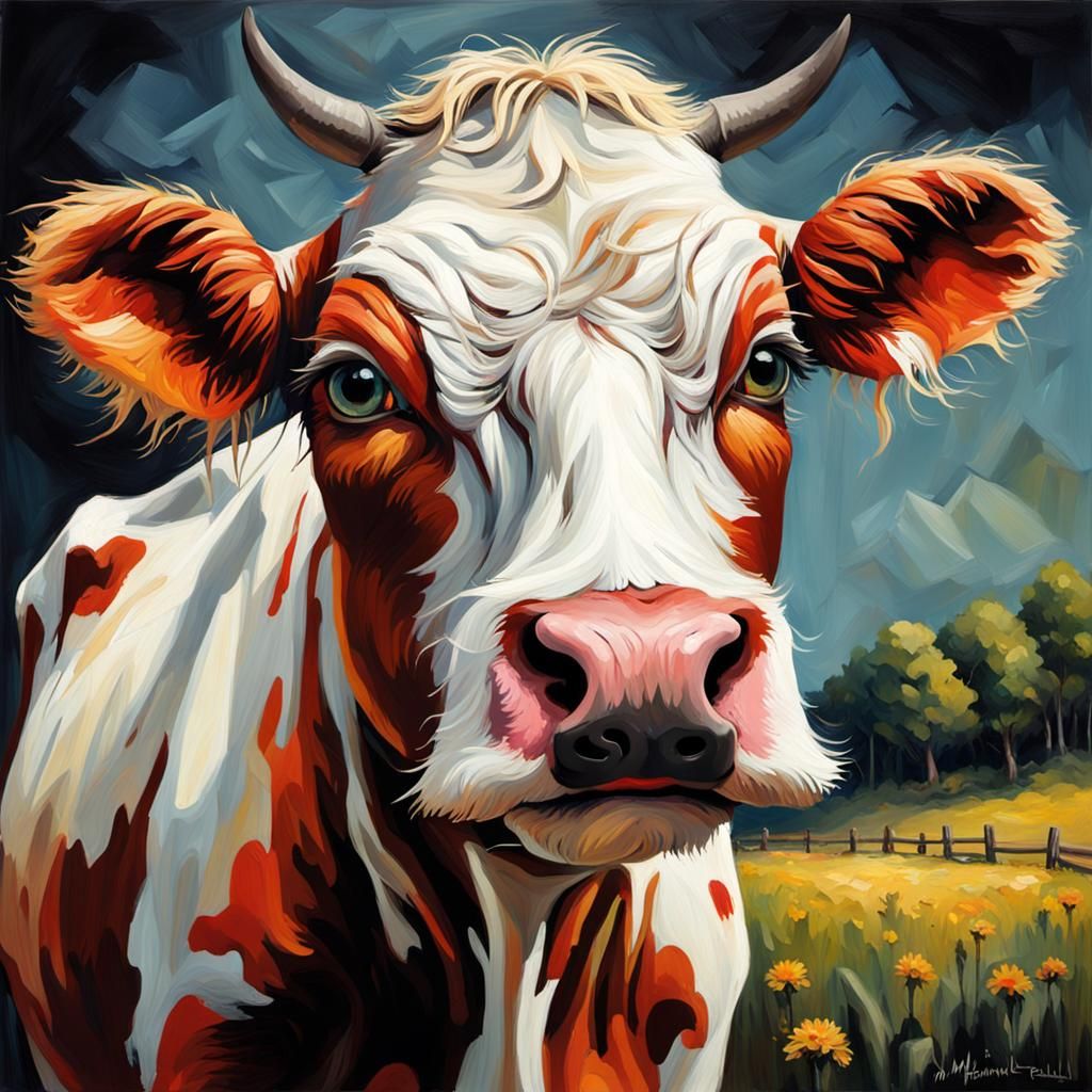 Impressionist Oil Painting of Adorable Mustachioed Cow