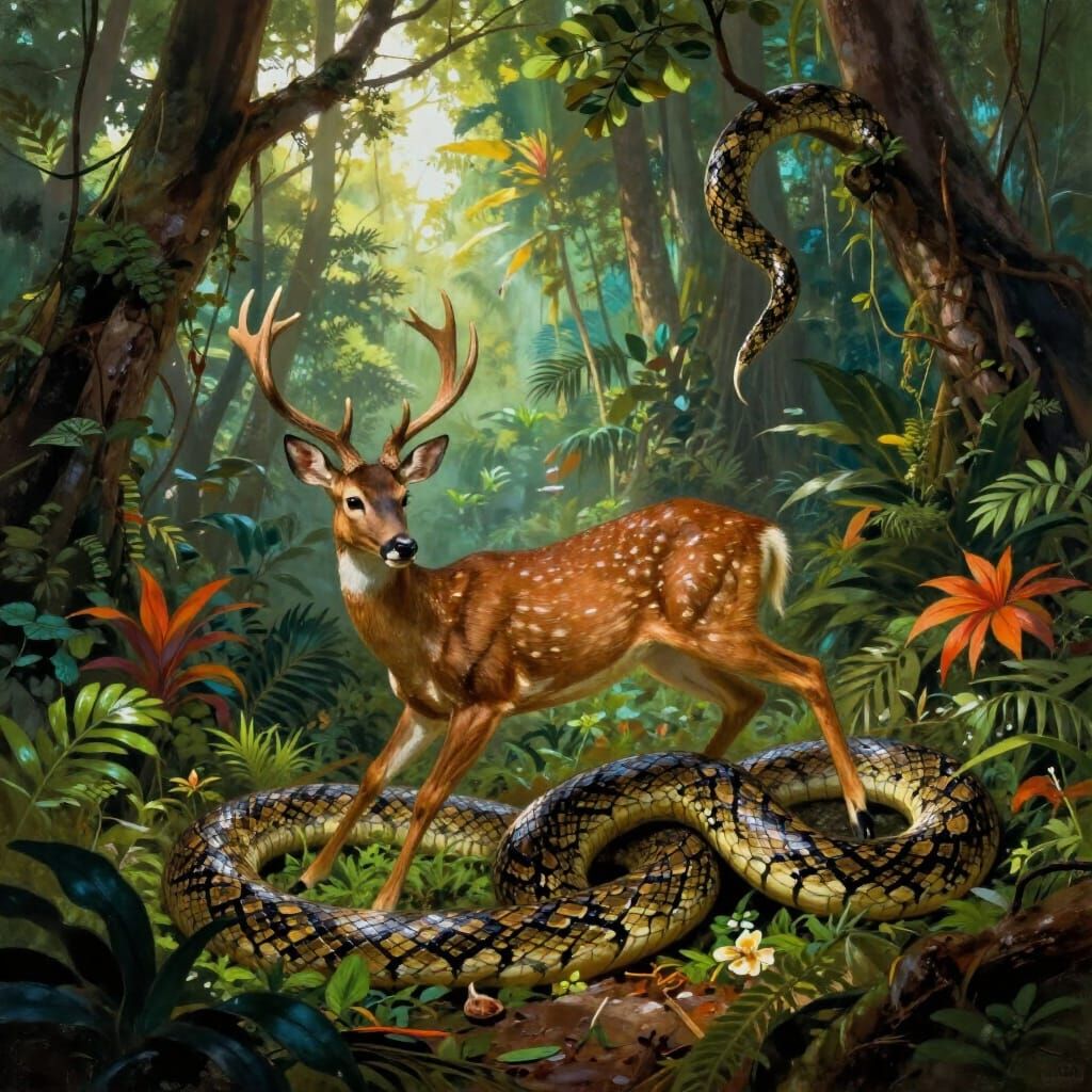 Doe Consumed by Python in Amazon Jungle Matte Painting