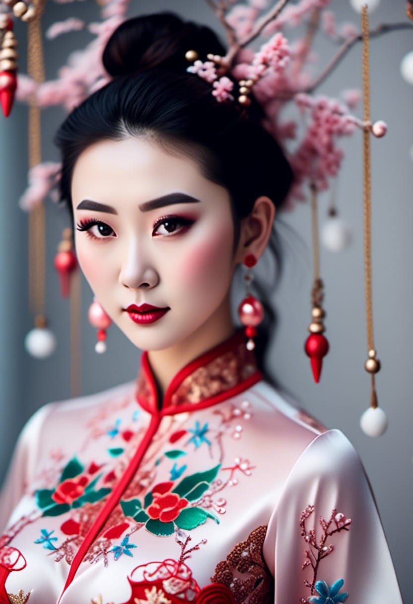 Curvy Woman in Silk Cheongsam Christmas Dress