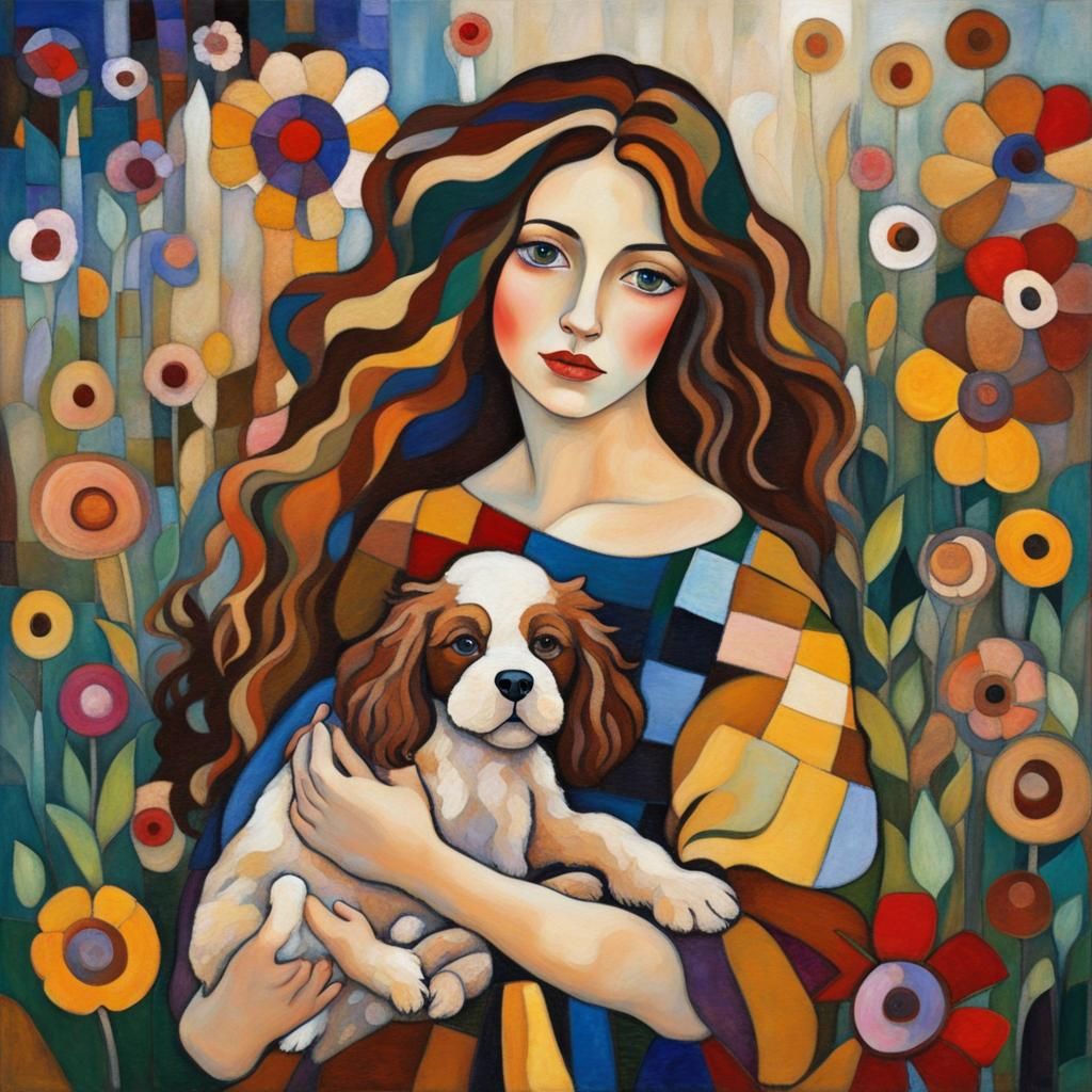 Woman with Puppy in Garden, Klimt Kandinsky Style
