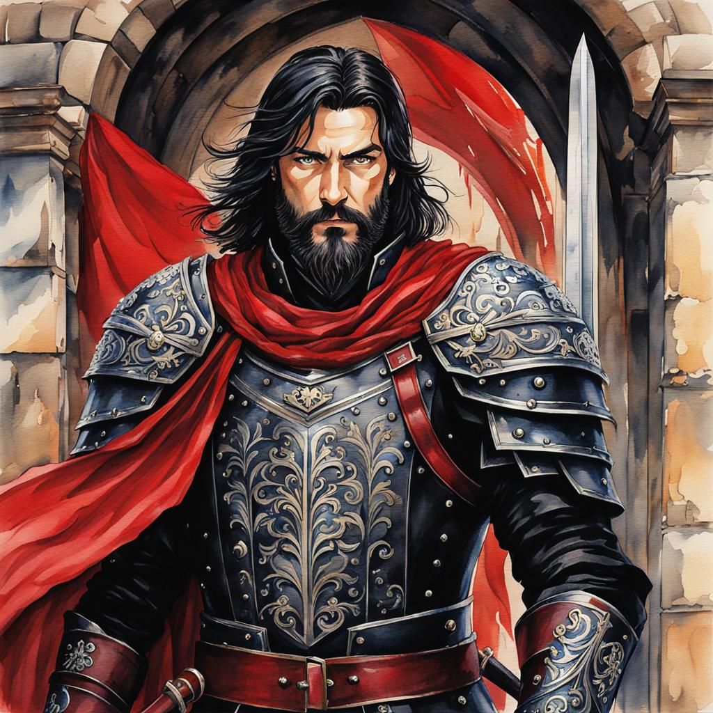 Proud Warrior at City Gate in Watercolor Style