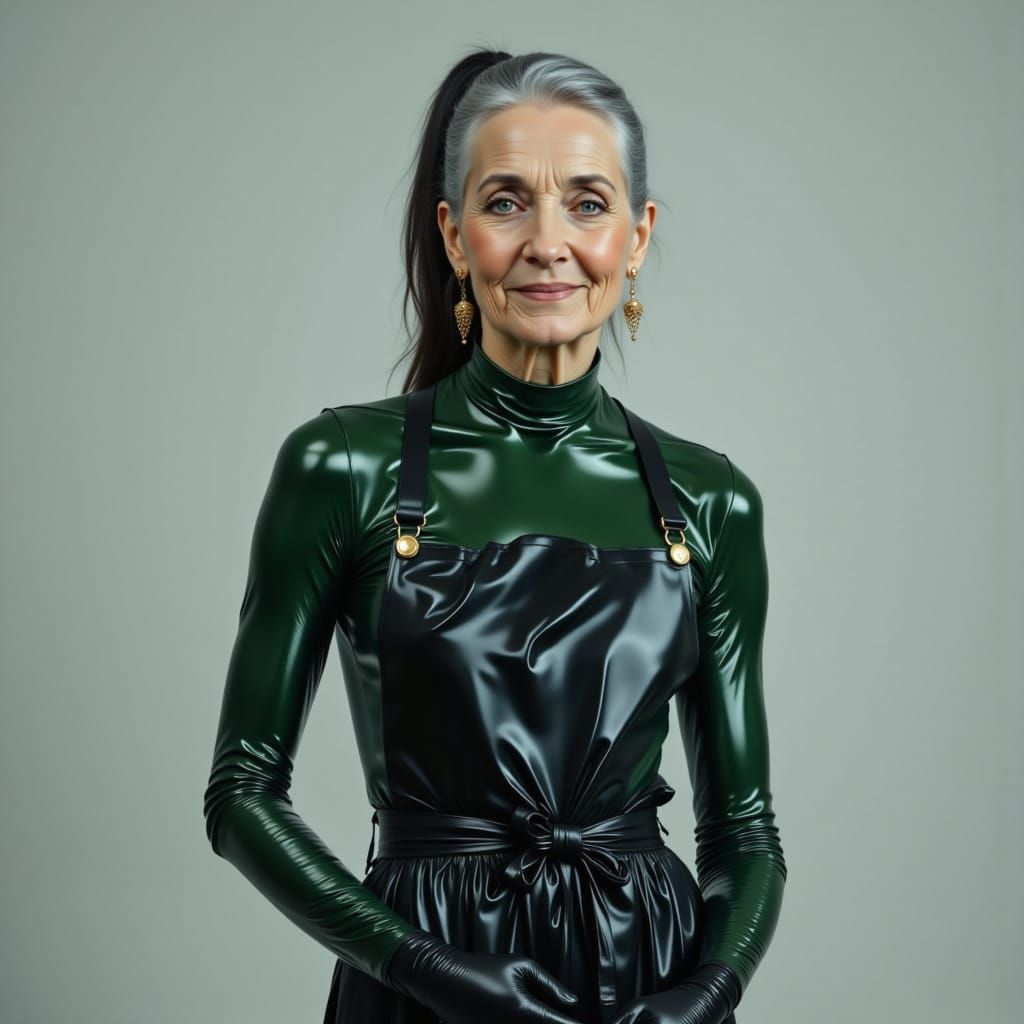 Elegant Elderly Woman in Shiny Green Catsuit