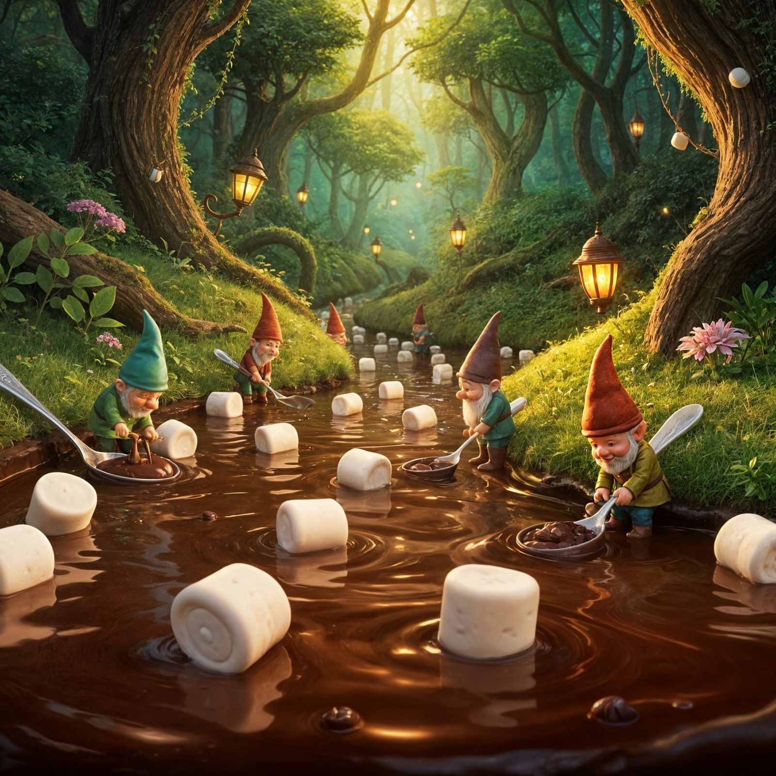 Gnomes Enjoy Chocolate River in Magical Forest