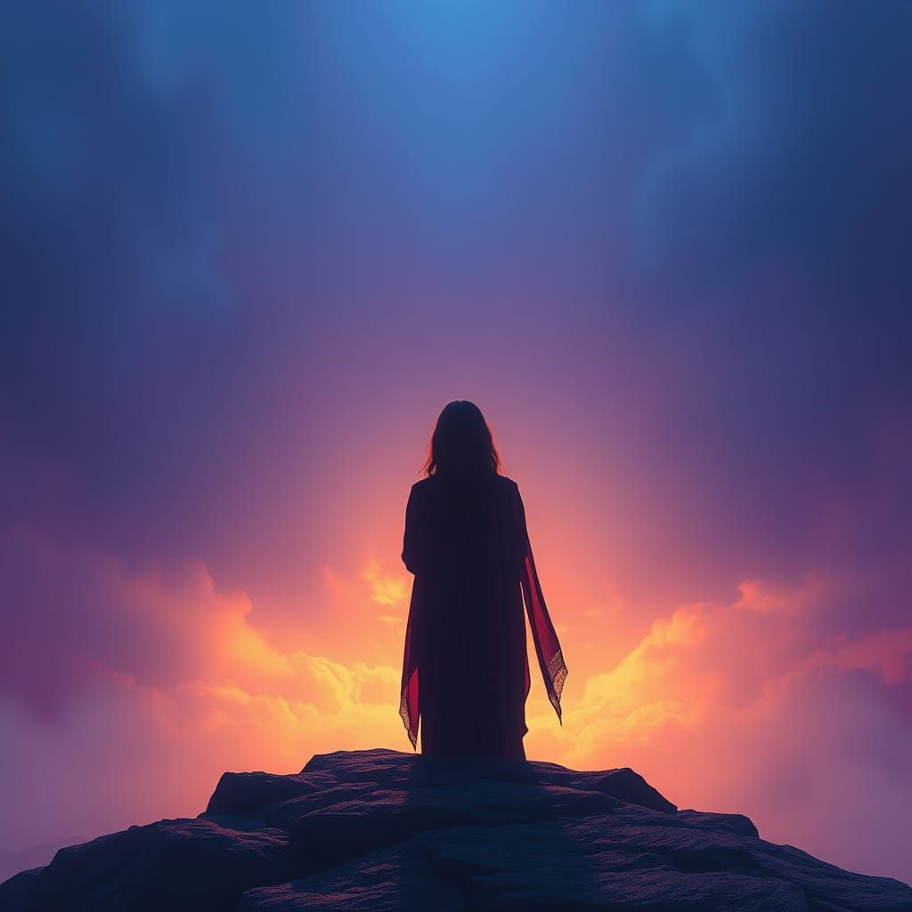 Woman Praying in Ethereal Void: Digital Concept Art