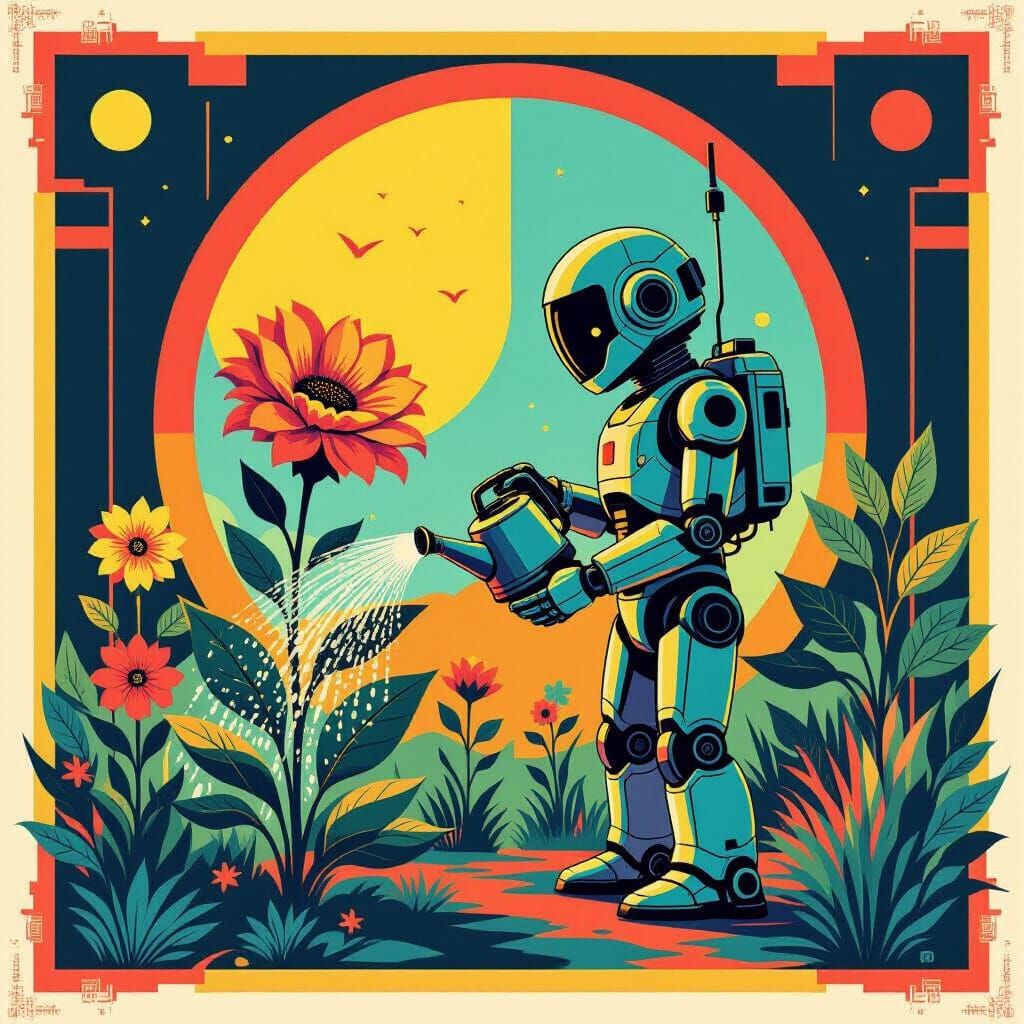 Robot Waters Flower in Bauhaus Garden, Pop Art Screen Print
