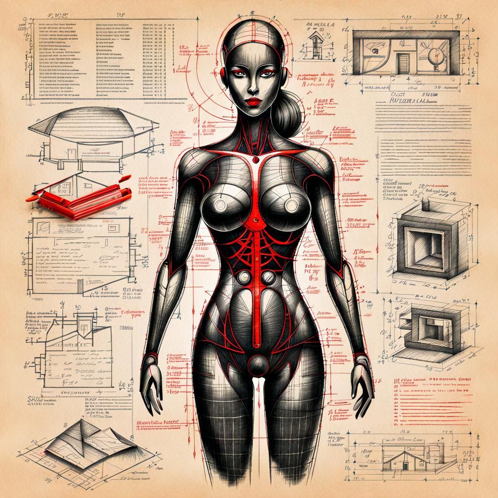 Blueprint Design Sketch of Humanoid Woman