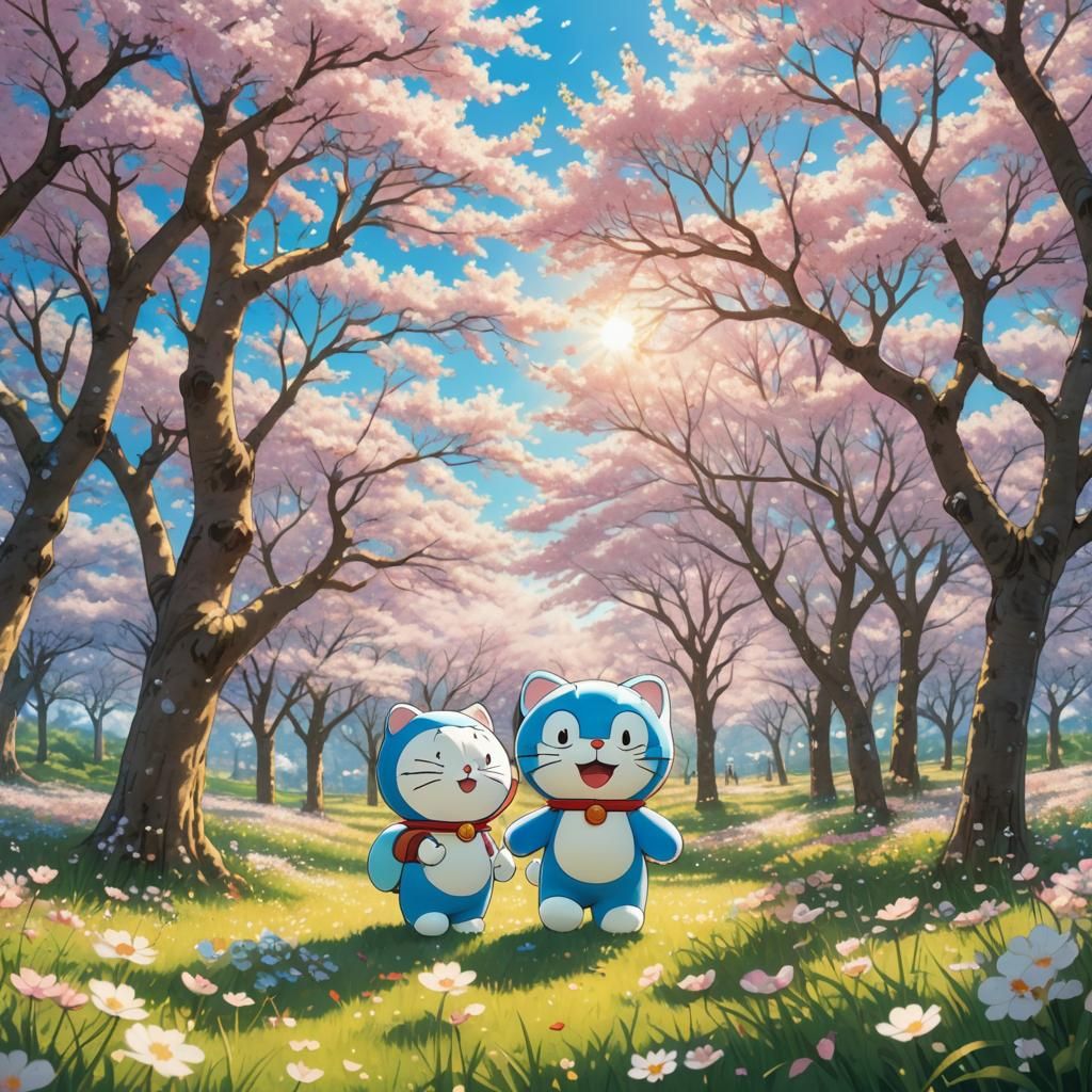 Doraemon in Cherry Blossom Meadow: Anime Illustration