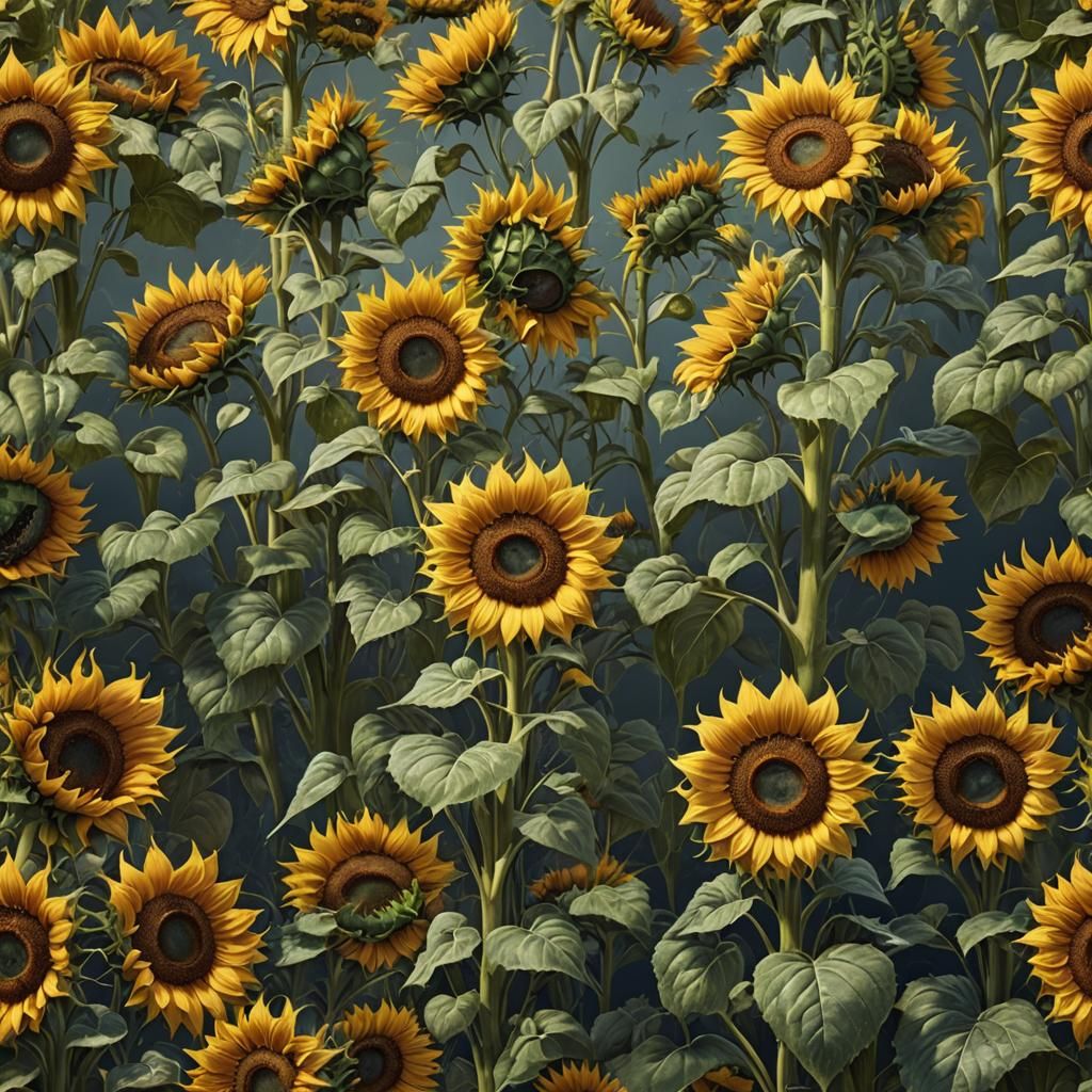 Seamless Sunflowers: Detailed Matte Painting in Deep Color
