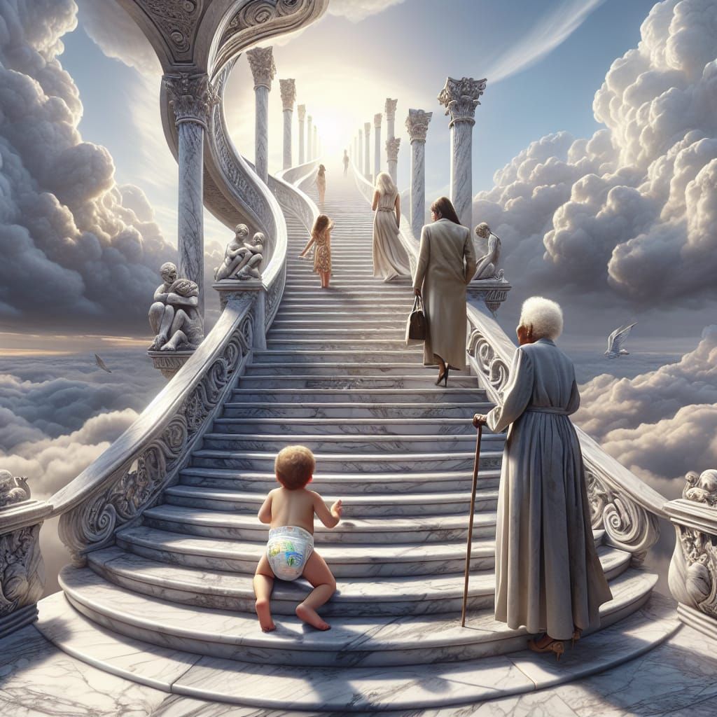 Grand Marble Staircase Ascending Skyward: Digital Matte Pain...