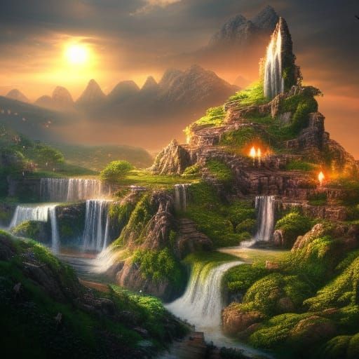 Epic Fantasy Landscape with Castle and Waterfall