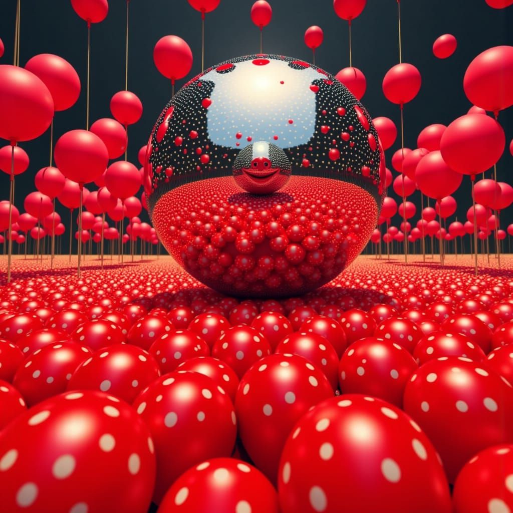 Surreal Mirrored Sphere with Red Balloons in Ben Day Dots