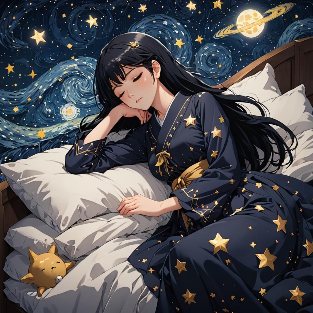 Sleeping Girl in Starry Night Anime Style