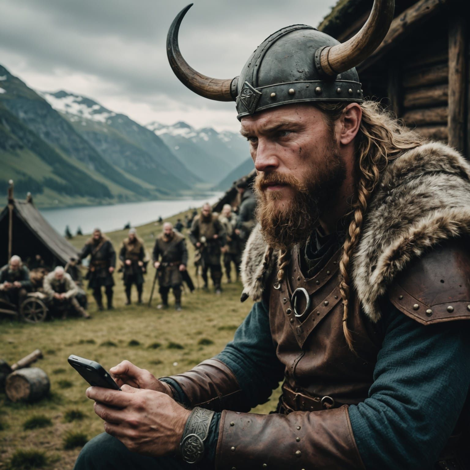 Viking Uses Mobile Phone in Cinematic Film Still