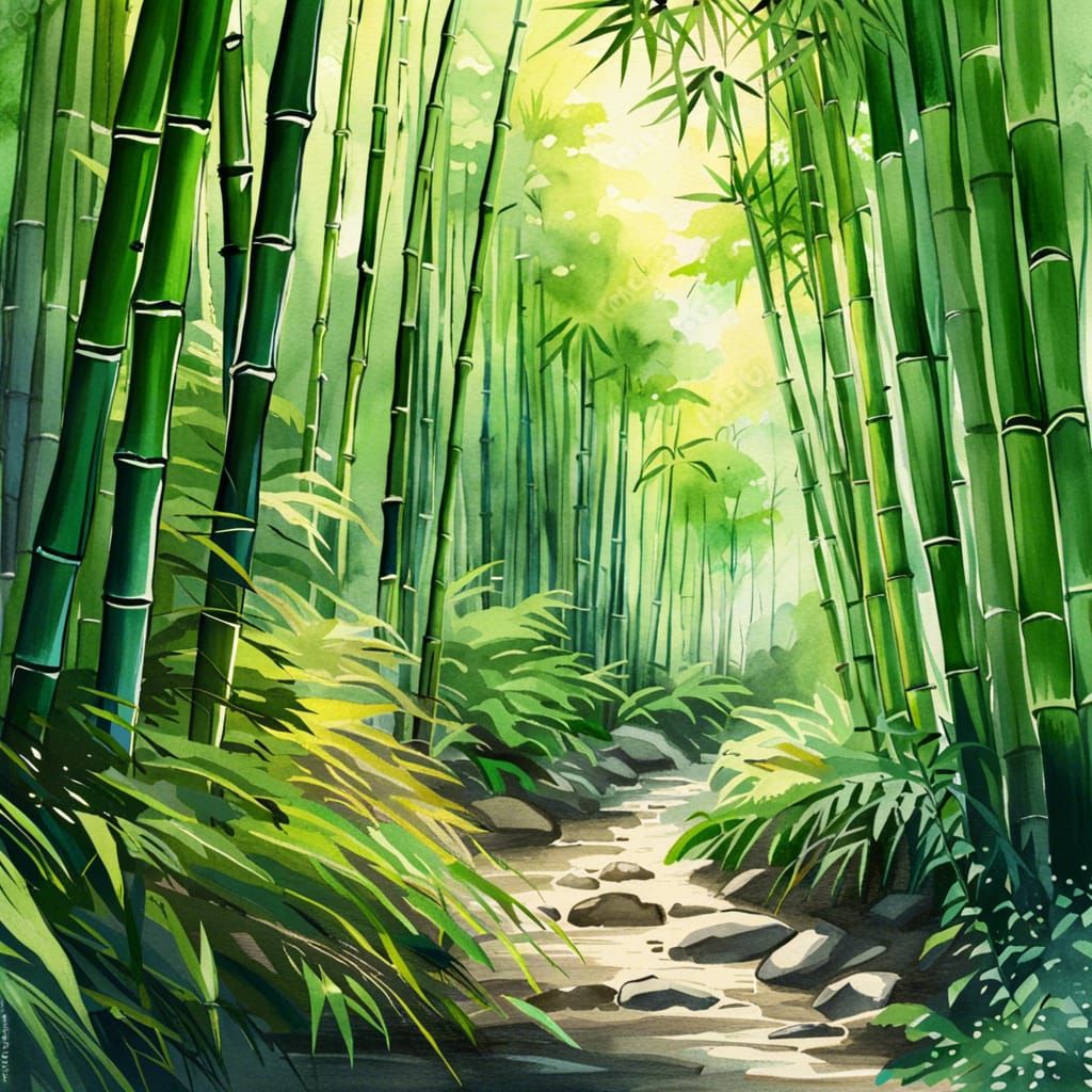 Lush Bamboo Forest Path in Watercolor and Ink