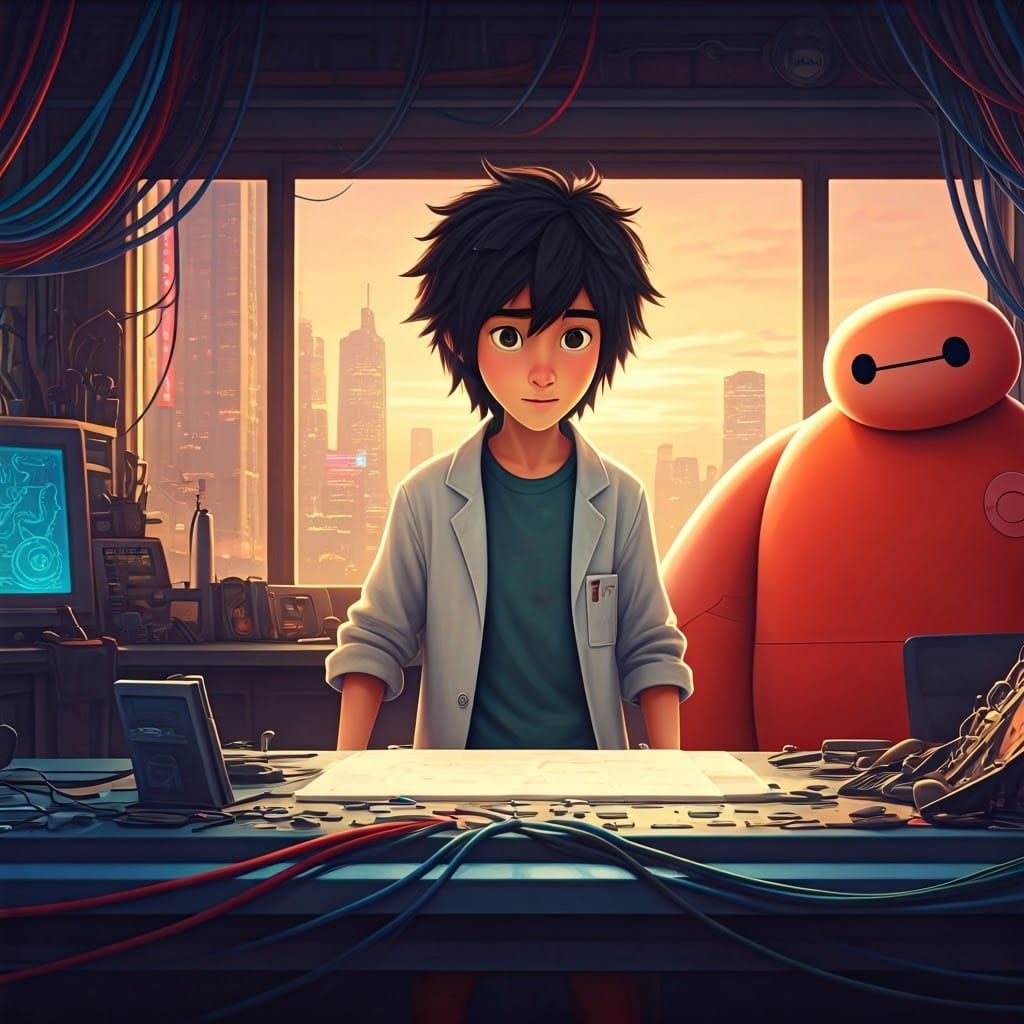 Hiro Hamada and Baymax in High-Tech Lab