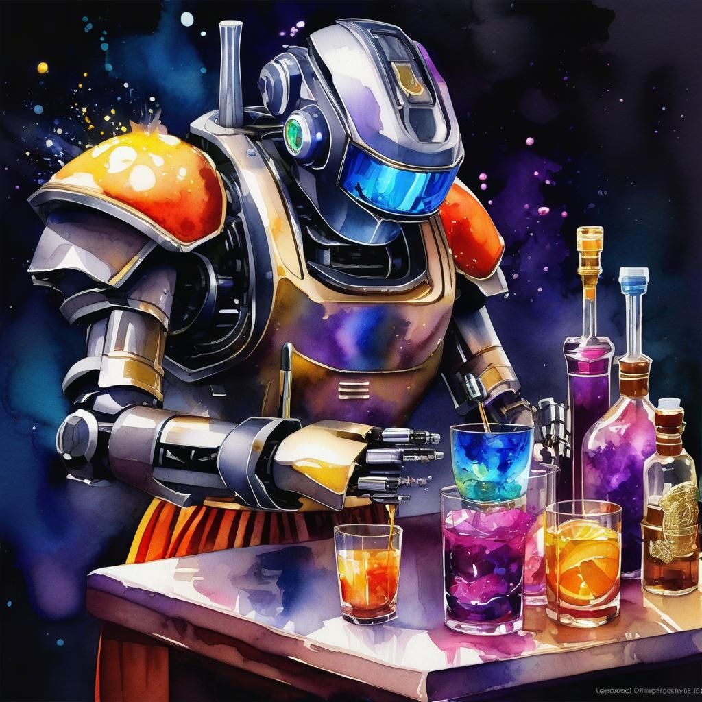 Robotic Bartender in Epic Watercolor Digital Art