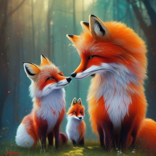 Colorful Fluffy Fox Family Portrait in Chibi Style