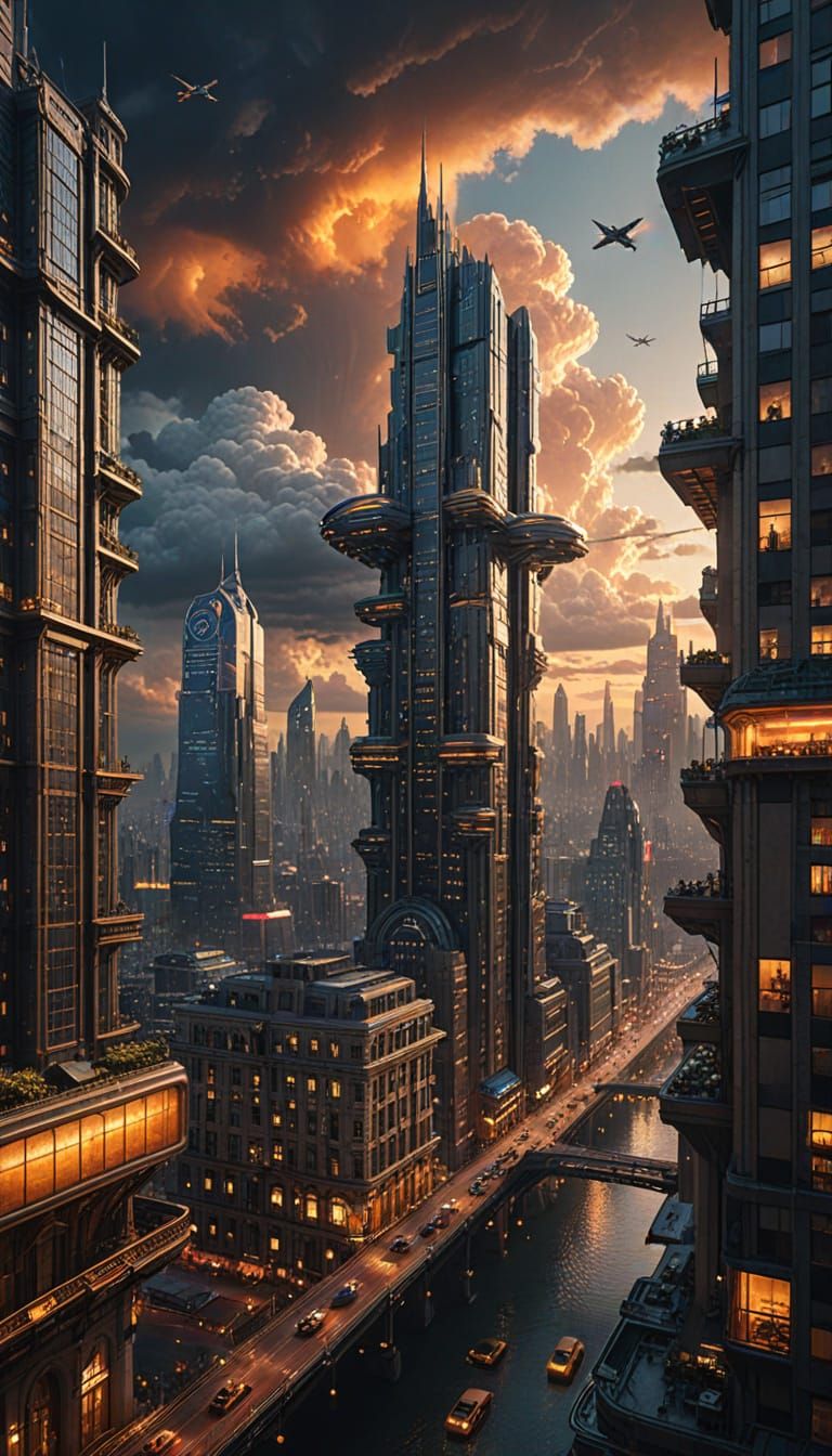 Futuristic Cityscape at Twilight with Magical Structures