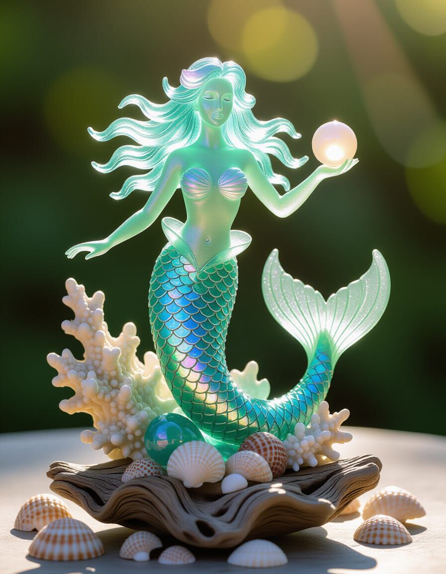 Sea Glass Mermaid Sculpture with Pearl Orb