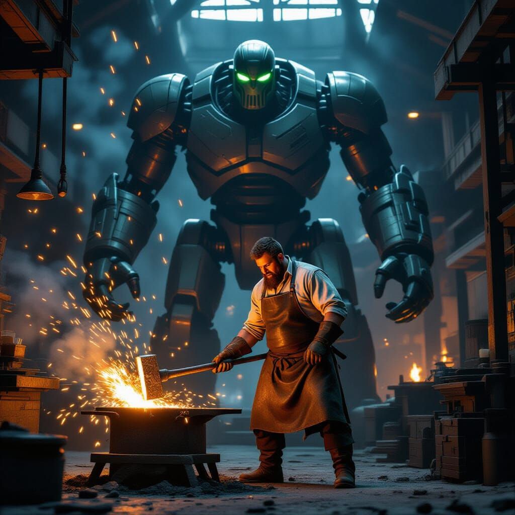 Blacksmith and Golem in a Fiery Forge
