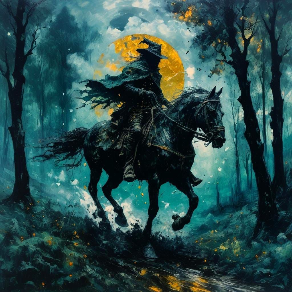 Horseman Rides Cloud Through Forest: Necropunk Oil Painting