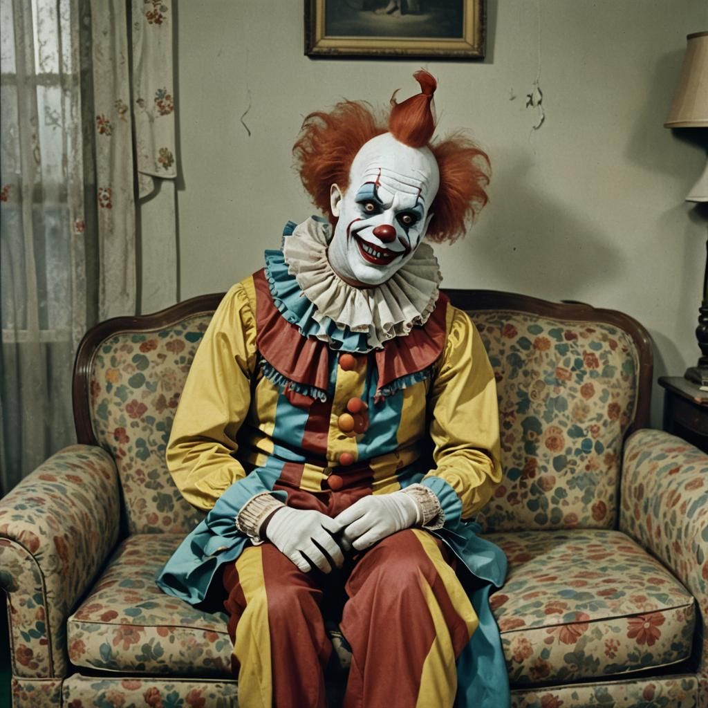 Creepy Clown in 1950s Living Room: Vintage Photo