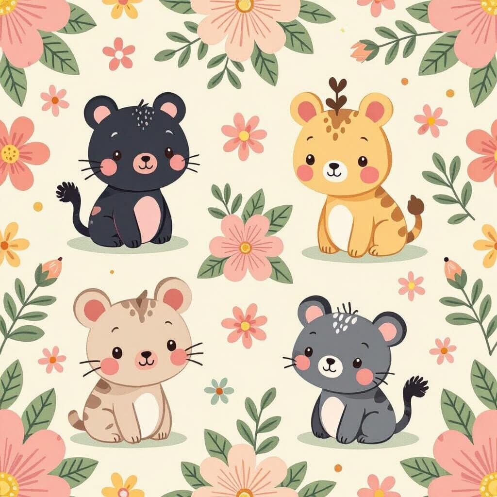 Kawaii Jungle Animals and Flowers in Pastel Colors