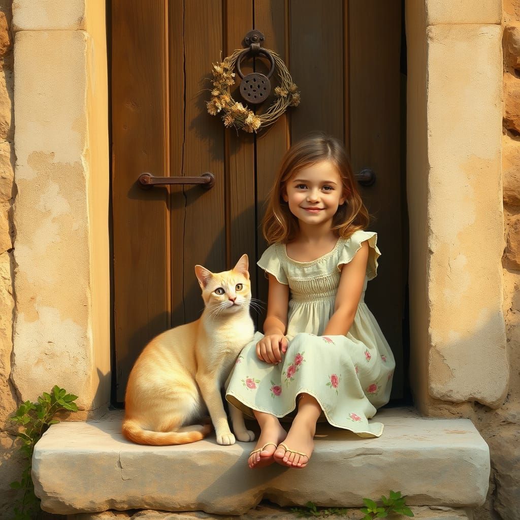 Elegant Girl Sits with Gentle Cat in Italian Village