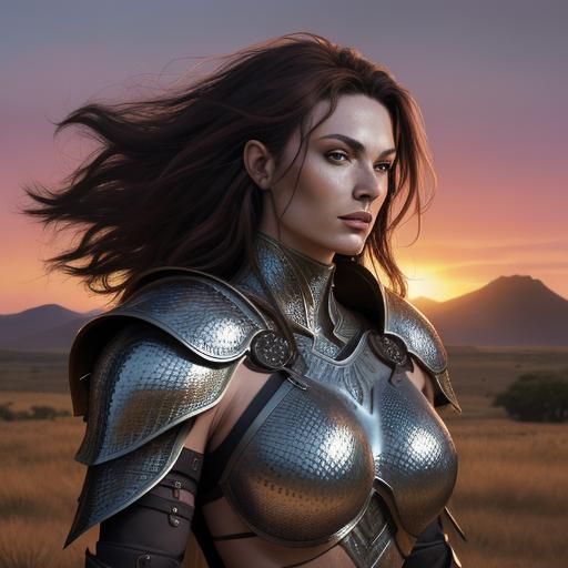 Female Warrior in Savannah, Hyper-Realistic Splash Art