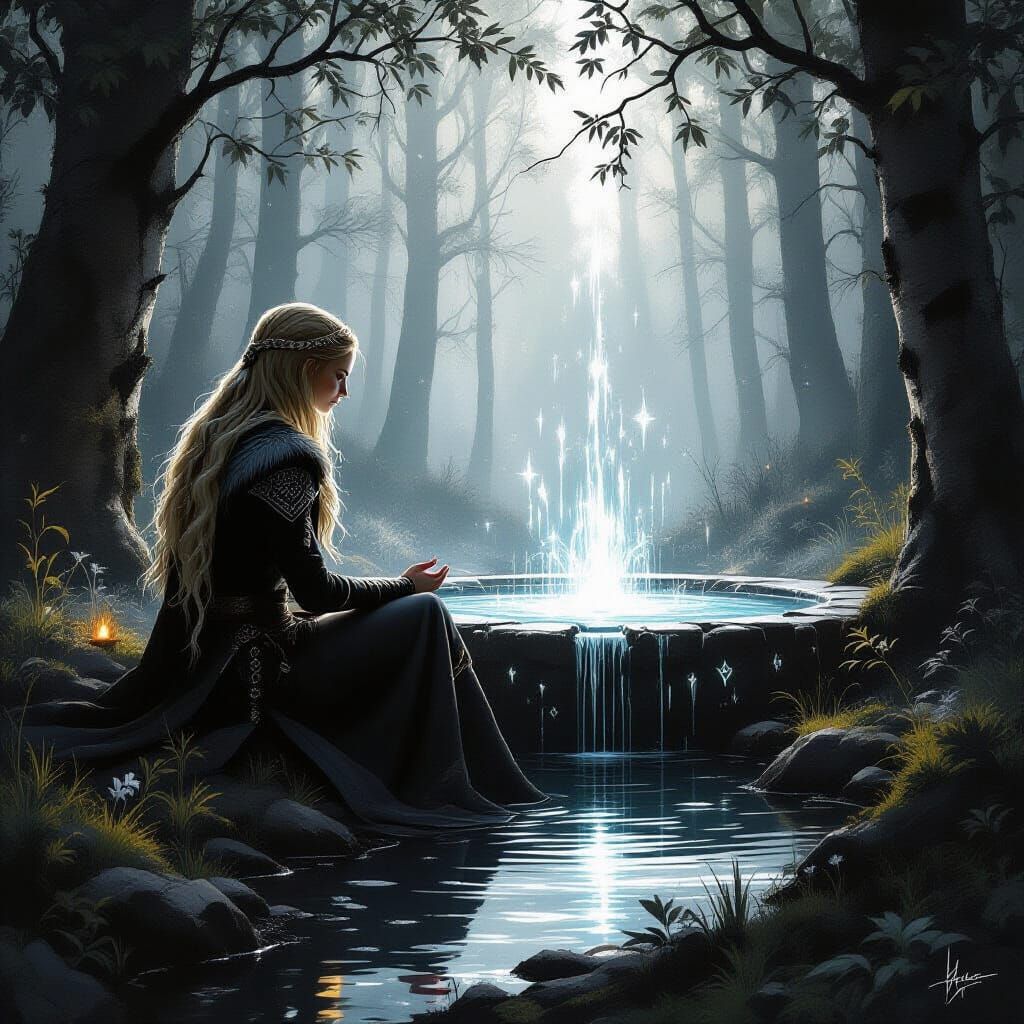 Nordic Seeress Beside Mystical Runestone Fountain