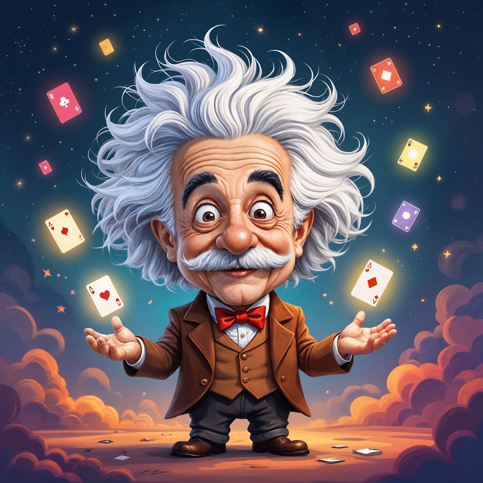 Whimsical Albert Einstein Juggling Cards in Cosmic Void